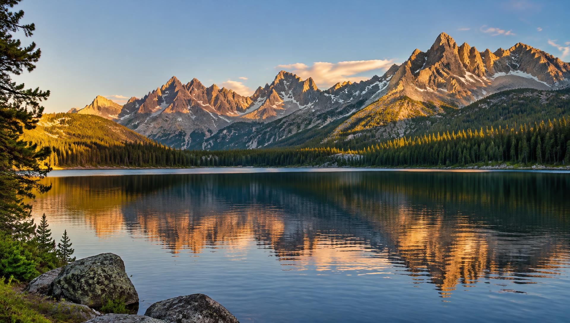 Redfish Lake and the Sawtooth Mountains at golden hour